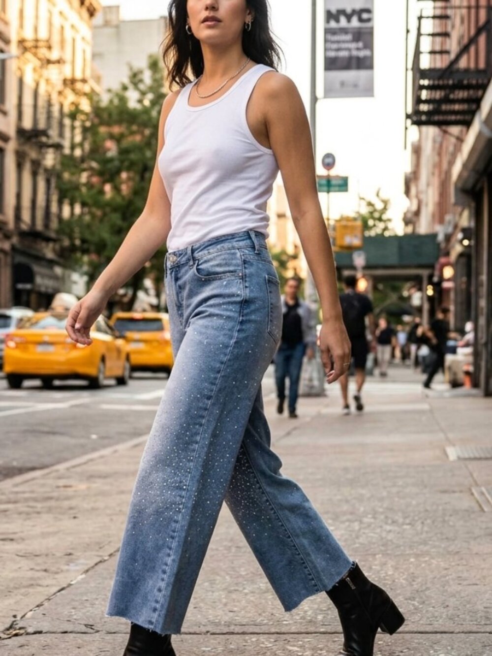 Marc New York Womens Jeans 10 Blue Rhinestones Wide Leg Raw Hem Ankle Cropped